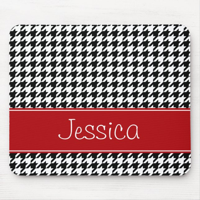Preppy Red and Black Houndstooth Personalized Mouse Pad (Front)