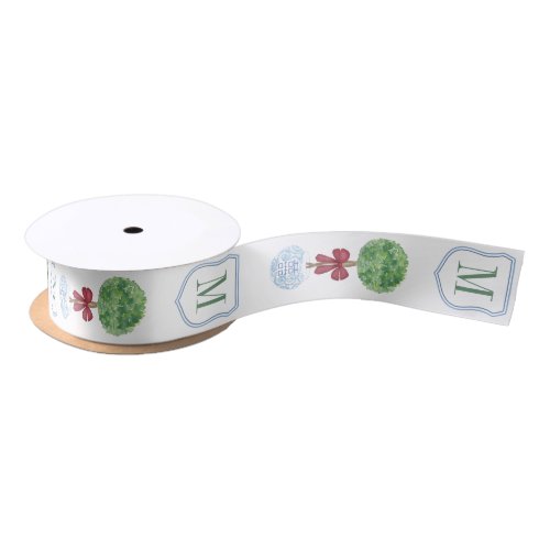 Preppy Red And Green Monogram Boxwood Christmas Satin Ribbon