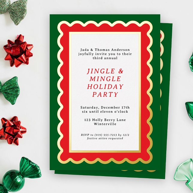 Preppy Red and Green Simple Scalloped Christmas Foil Invitation (A scalloped holiday party invitation feels festive and bold in Christmas shades of red and green)