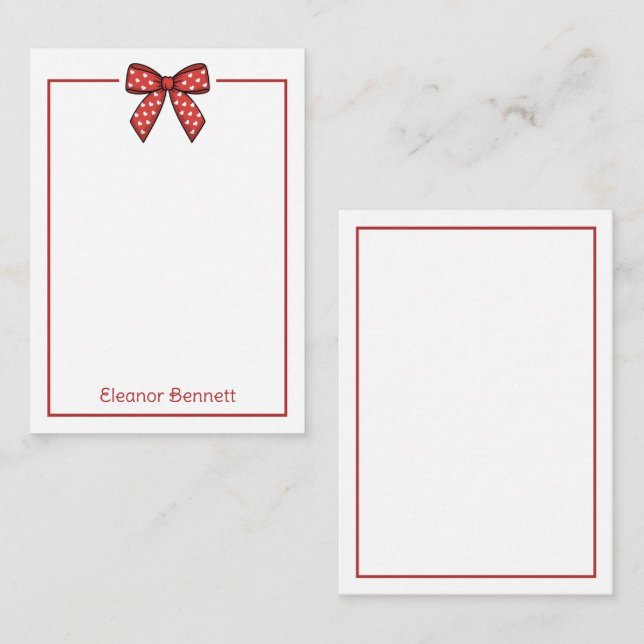 Preppy Red and White Heart Bow Personalized Note Card (Front/Back)