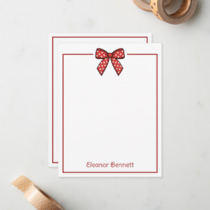 Preppy Red and White Hearts Bow Personalized Note Card