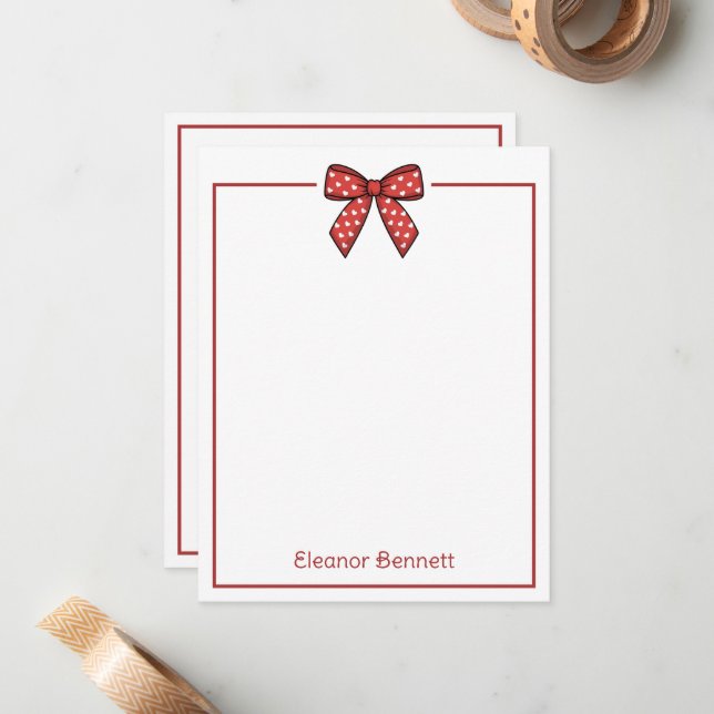 Preppy Red and White Hearts Bow Personalized Note Card (Front/Back In Situ)