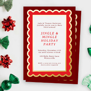 Preppy Red and White Simple Scalloped Christmas Foil Invitation