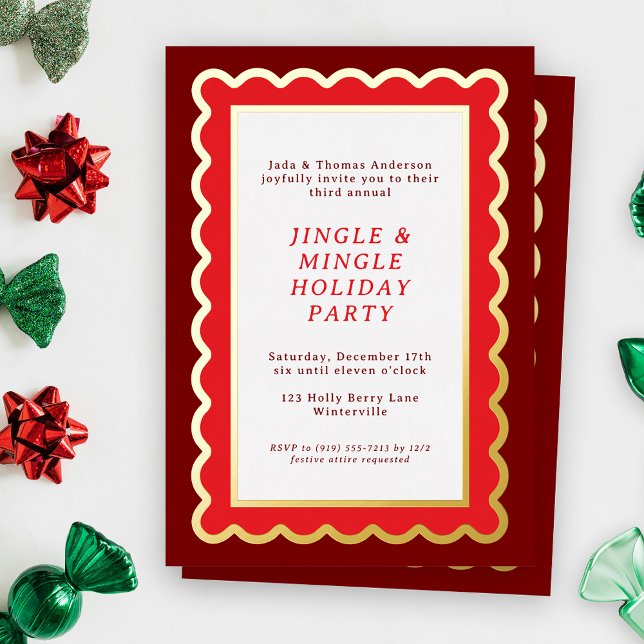 Preppy Red and White Simple Scalloped Christmas Foil Invitation (A scalloped holiday party invitation feels festive and bold and bright in shades of Christmas red)