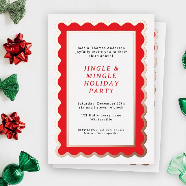 Preppy Red and White Simple Scalloped Christmas Foil Invitation (A scalloped holiday party invitation feels festive and bold and bright in Christmas red and white)