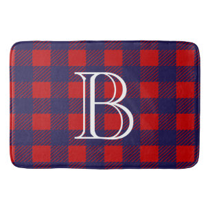 Preppy Red & Blue Buffalo Check Plaid Monogram Bath Mat