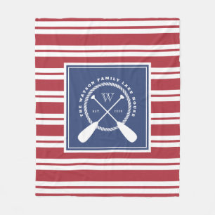 Preppy Red Blue White Lake House Monogram Fleece Blanket