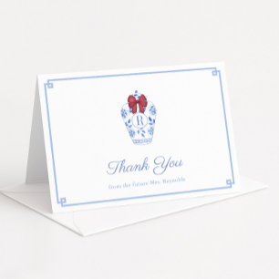 Preppy Red Bow Monogram Christmas Bridal Shower Letterpress Thank You Card