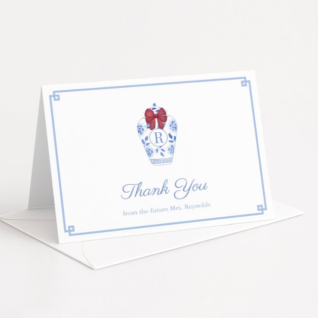 Preppy Red Bow Monogram Christmas Bridal Shower Thank You Card (Preppy red Holidays bridal shower thank you cards featuring a ginger jar with monogram & red bow)