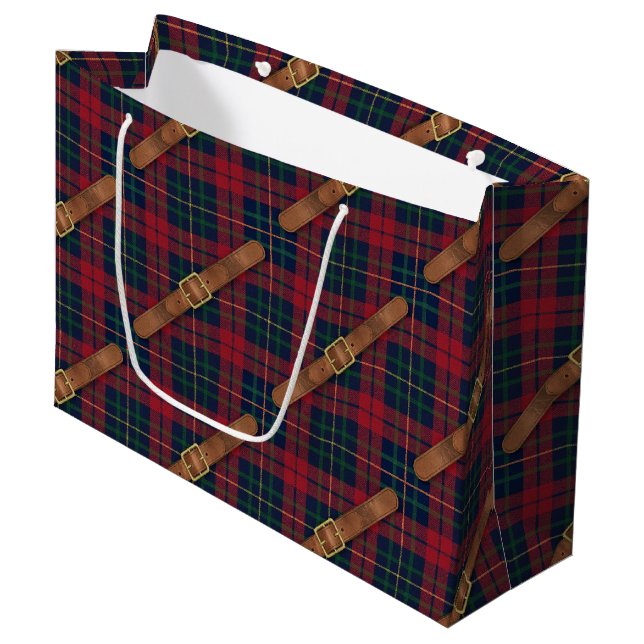 Preppy Red Christmas Plaid With Buckles Large Gift Bag (Front Angled)