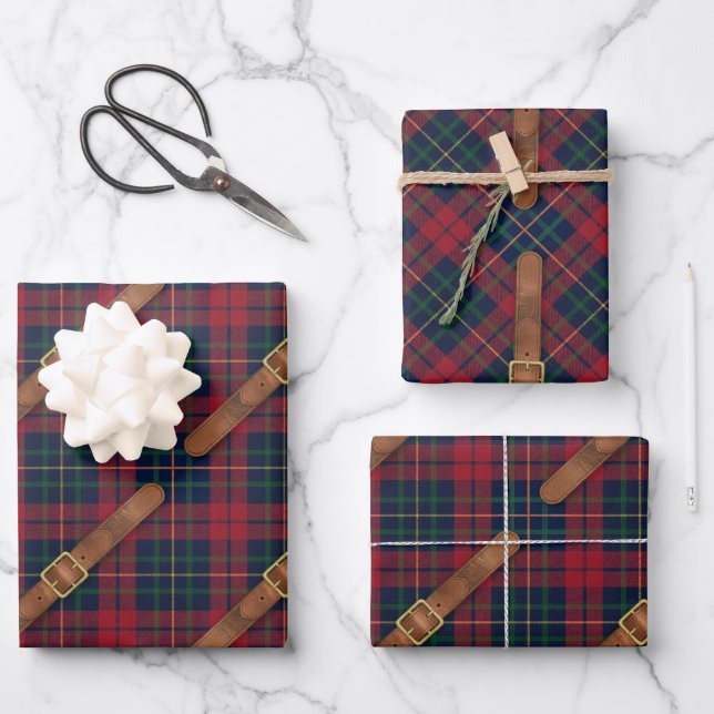 Preppy Red Christmas Plaid With Buckles Wrapping Paper Sheets (Front)