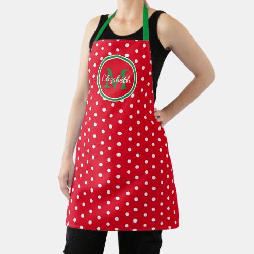 Preppy Red Green and White Polka Dot Monogram Apron