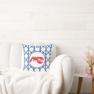Preppy Red Lobster Blue Trellis Bamboo Pattern  Throw Pillow