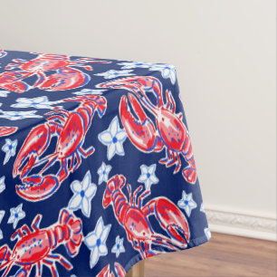 Preppy Red Lobster Floral / Coastal Nautical Navy Tablecloth