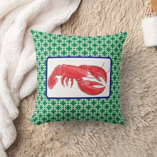 Preppy Red Lobster Green White Link Pattern Throw Pillow (Blanket)
