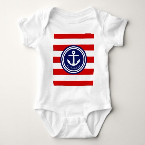 Preppy Red Nautical Stripe Anchor Monogram on Navy Baby Bodysuit