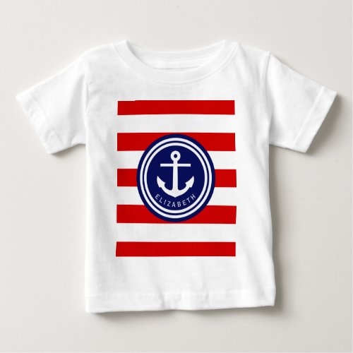 Preppy Red Nautical Stripe Anchor Monogram on Navy Baby T_Shirt