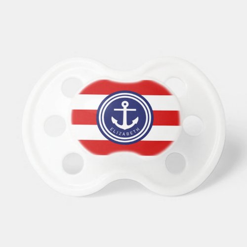 Preppy Red Nautical Stripe Anchor Monogram on Navy Pacifier