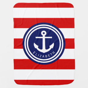 Preppy Red Nautical Stripe Anchor Monogram on Navy Swaddle Blanket