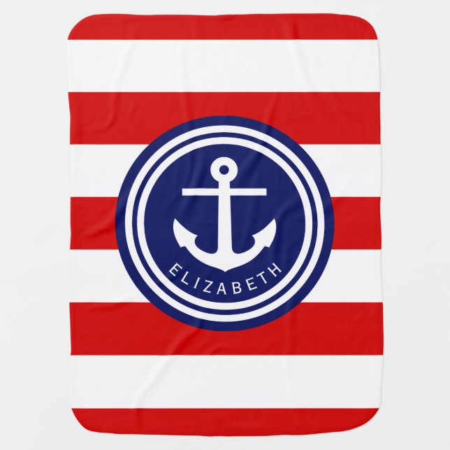 Preppy Red Nautical Stripe Anchor Monogram on Navy Swaddle Blanket (Front)
