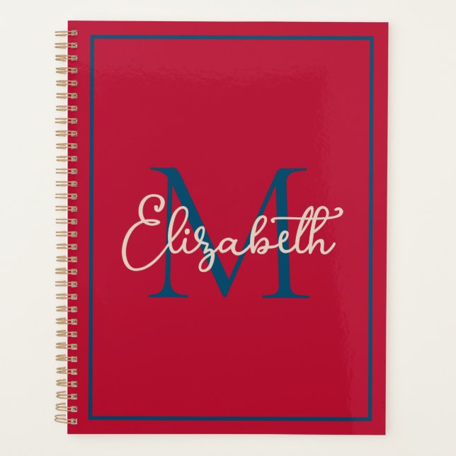 Preppy Red Navy Blue and Cream Monogram Planner (Front)