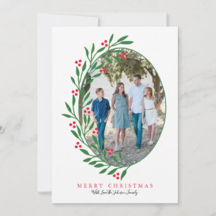 Preppy Red Oval Christmas Wreath Holiday Photo Card