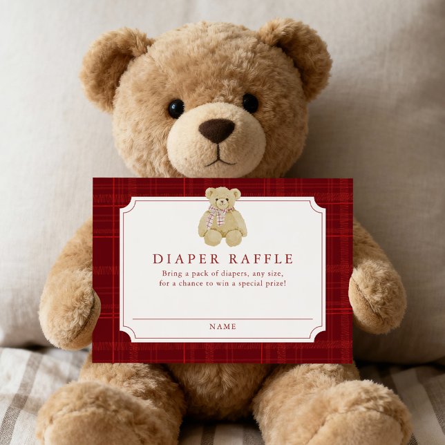 Preppy Red Plaid Teddy Bear Diaper Raffle Enclosure Card (Creator Uploaded)