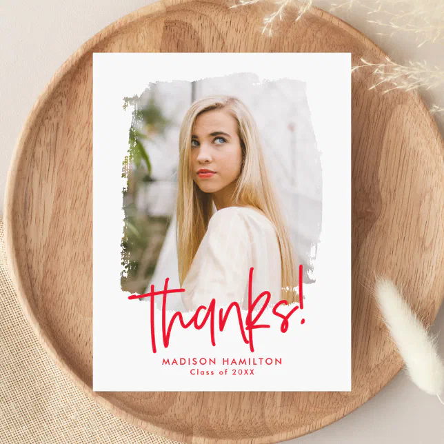 Preppy Red Script Photo Graduation Thank You Postcard | Zazzle