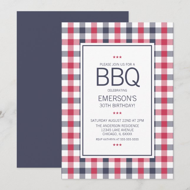 Preppy Red,White and Blue BBQ Birthday Invitation (Front/Back)