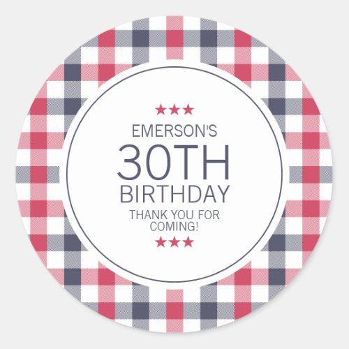 Preppy Red White and Blue Plaid Thank You Birthday Classic Round Sticker