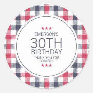 Preppy Red White and Blue Plaid Thank You Birthday Classic Round Sticker