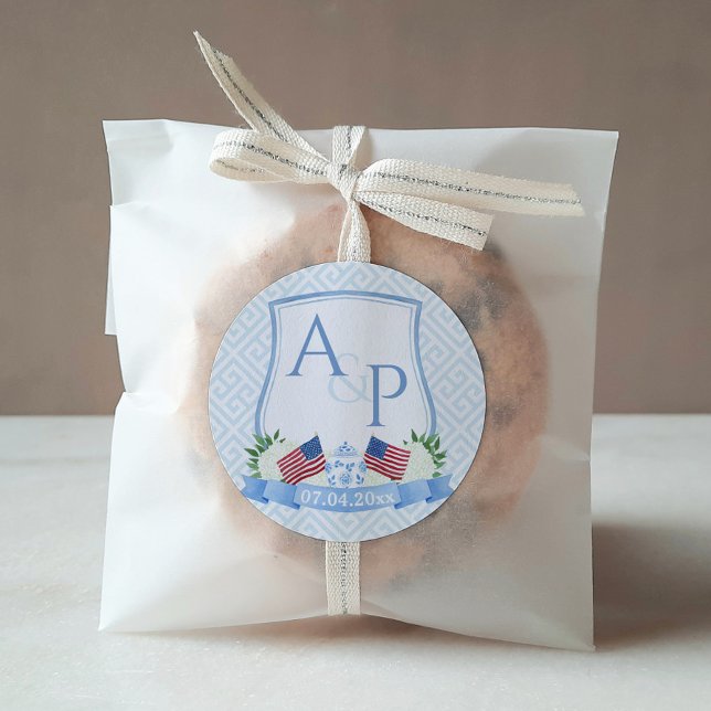 Preppy Red White Blue Flag Wedding Crest Favor Square Sticker (Elegant Red White And Blue Wedding Monogram Crest Thank You Favor Sticker Wedding Branding )