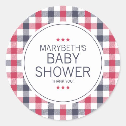 Preppy Red White  Blue Plaid Baby Shower Classic Round Sticker