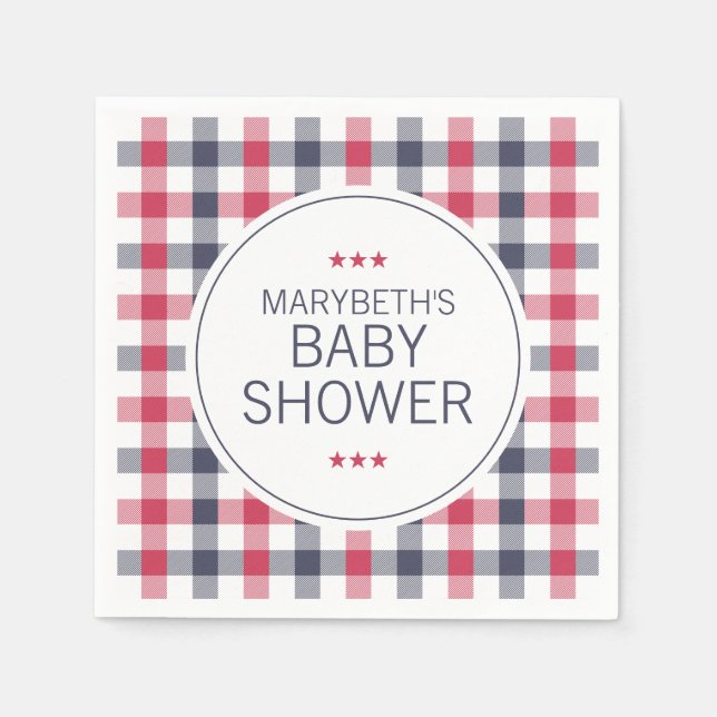 Preppy Red, White & Blue Plaid Baby Shower Napkins (Front)