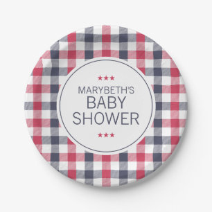 Preppy Red, White & Blue Plaid Baby Shower Paper Plates