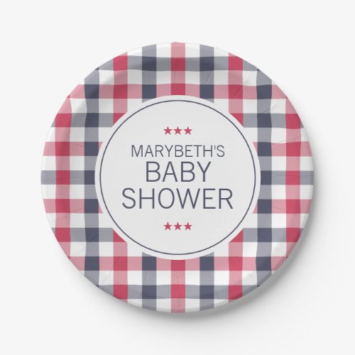 Preppy Red White  Blue Plaid Baby Shower Paper Plates