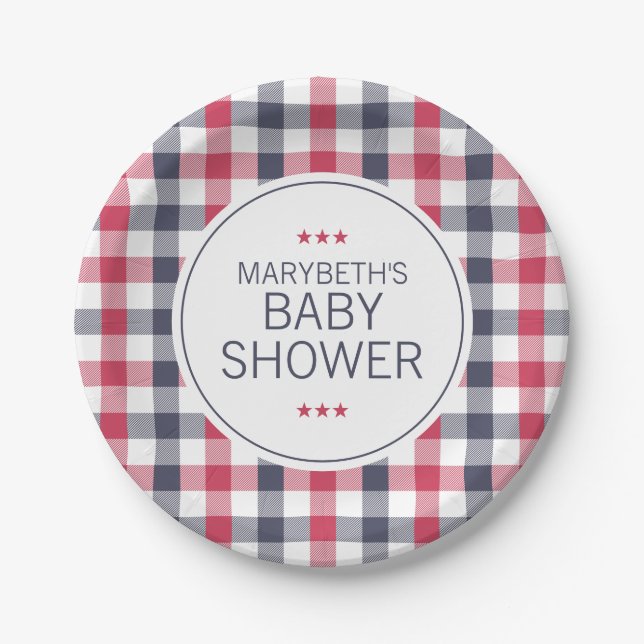 Preppy Red, White & Blue Plaid Baby Shower Paper Plates (Front)