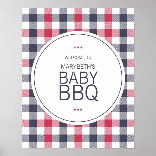 Preppy Red White  Blue Plaid Baby Shower Welcome Poster