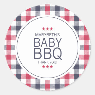 Preppy Red, White & Blue Plaid BBQ Baby Shower Classic Round Sticker