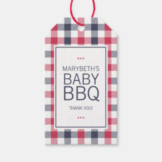 Preppy Red, White & Blue Plaid BBQ Baby Shower Gift Tags