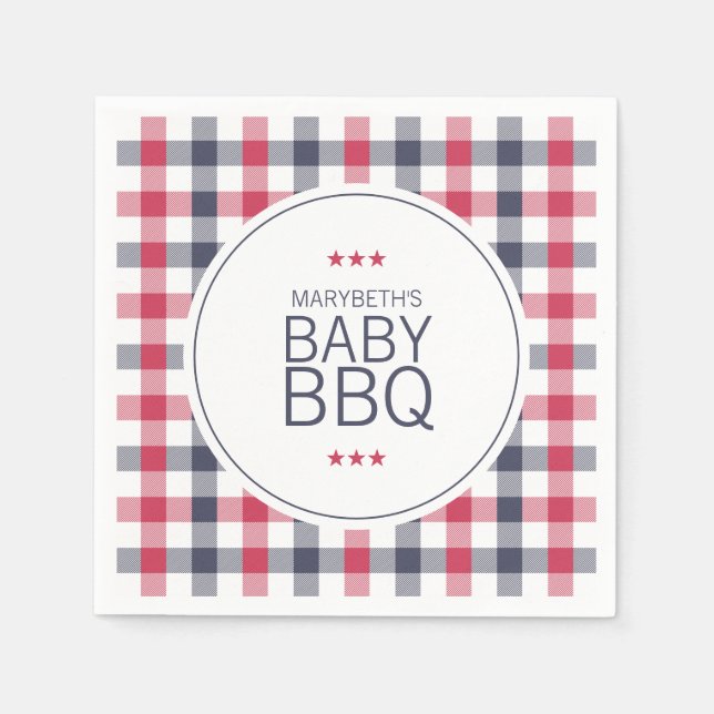 Preppy Red, White & Blue Plaid BBQ Baby Shower Napkins (Front)
