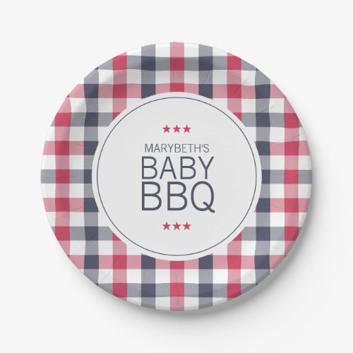 Preppy Red White  Blue Plaid BBQ Baby Shower Paper Plates
