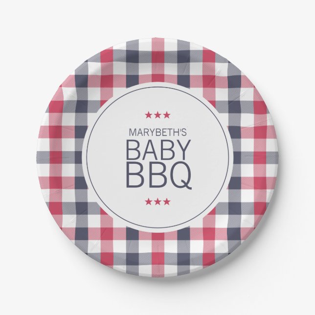 Preppy Red, White & Blue Plaid BBQ Baby Shower Paper Plates (Front)