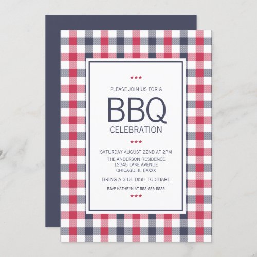 Preppy RedWhite  Blue Plaid BBQ Party Invitation