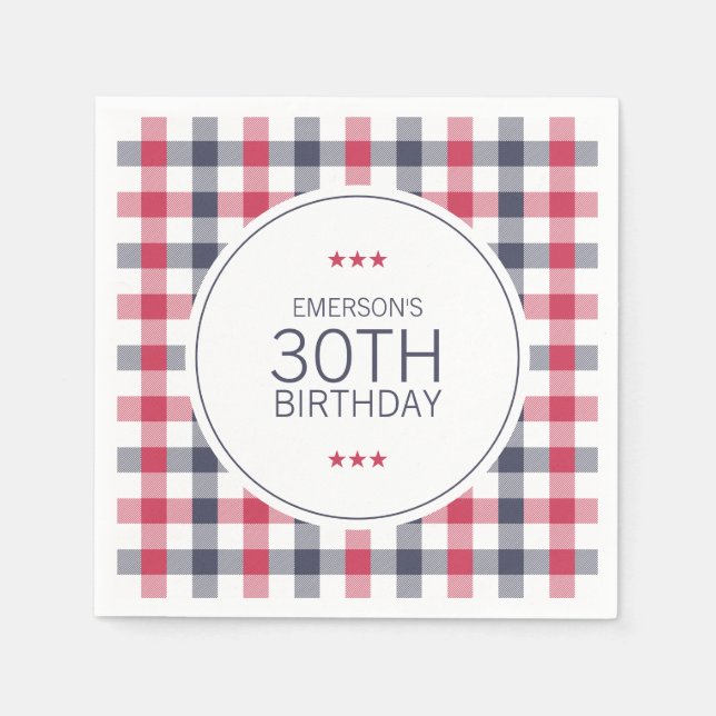 Preppy Red, White & Blue Plaid Birthday Napkins (Front)