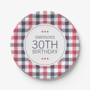 Preppy Red, White & Blue Plaid Birthday Paper Plates