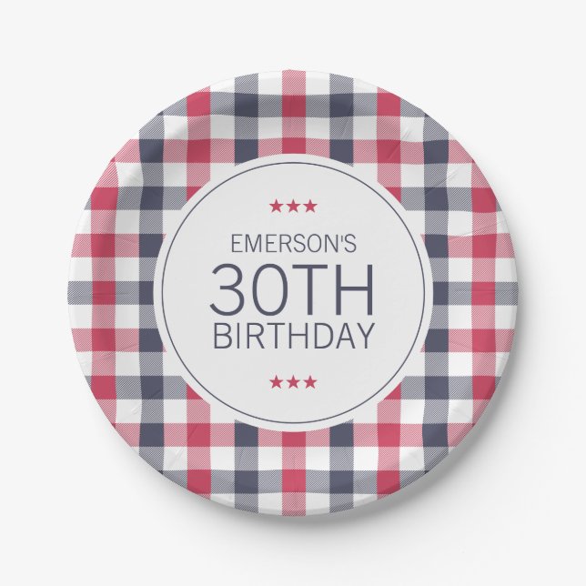 Preppy Red, White & Blue Plaid Birthday Paper Plates (Front)