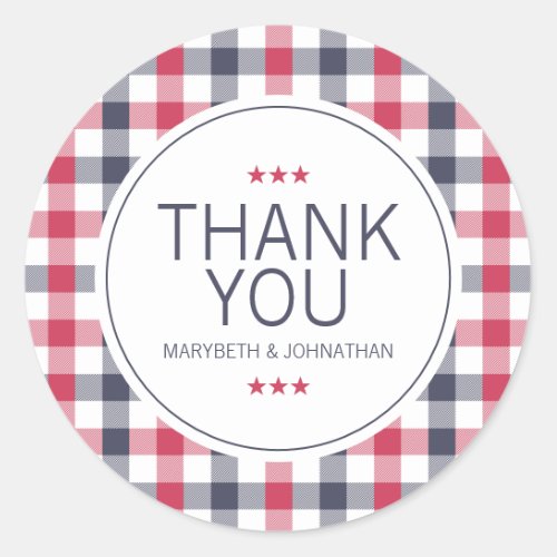 Preppy Red White  Blue Plaid Thank You Classic Round Sticker