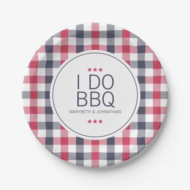 Preppy Red,White & Blue Plaid Wedding Shower Paper Plates (Front)