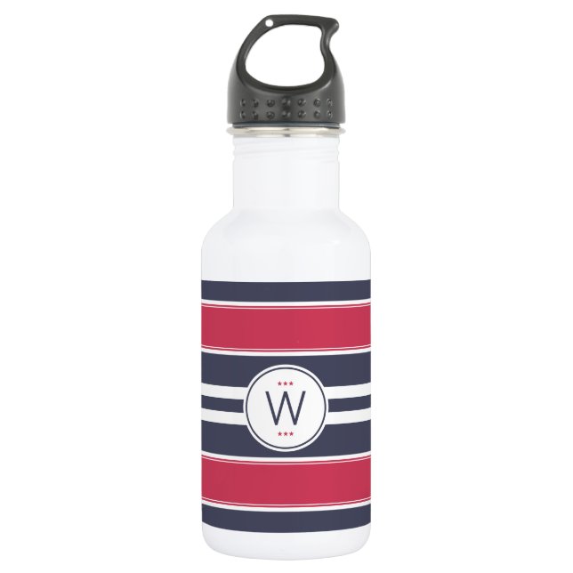 Preppy Red, White & Blue  Stripe Water Bottle (Front)